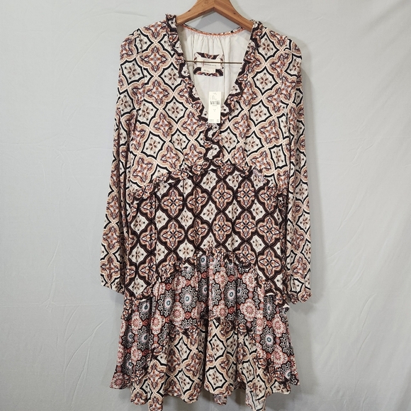 Anthropologie Tan Brown Boho V Neck Dress 100% VISCOSE - Picture 3 of 14